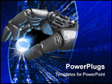 PowerPoint Template - Robot hand holding an Earth globe between fingers. Isolated on black background