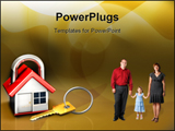 PowerPoint Template - d illustration of a simple house designed to look like a padlock with a brass metallic key sitting 