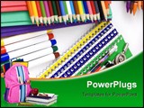 PowerPoint Template - school supplies laid out on a table ready for the first day of school.