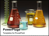PowerPoint Template - Scientific glassware filled with colored liquids on a graduated background