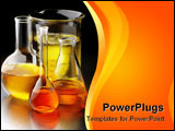 PowerPoint Template - Flasks and beakers filled with bio fuels shot on textured metal lab table with space for copy
