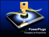 PowerPoint Template - d illustration of large brass key protruding out of a silver touch screen tablet computer on a dark