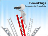 PowerPoint Template - earch concept representing 3D man climbing to the top of a ladder and searching with the help of bi