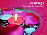 PowerPoint Template - a clear glass bowl of water with floating pink rose petals and mulberry and white votive candles.