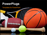 PowerPoint Template -  group of sports equipment on black background including tennis basketball baseball american fotbal