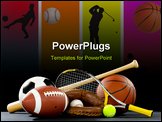 PowerPoint Template -  variety of sports equipment on a black background including an american football a soccer ball a b
