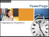PowerPoint Template - A businesswoman looking up and building with a clock over white background
