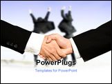 PowerPoint Template - wo businessmen shaking hands with other two businessmen celebrating in the background can be used f