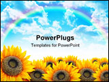 PowerPoint Template -  beautiful yellow sunflower field with bright blue clouds in the sky. Add your text to the copyspac