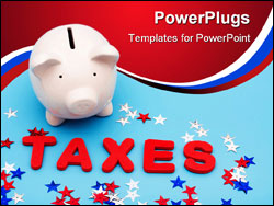 PowerPoint Template - A piggy bank with the word taxes and stars on a blue background Saving Money on Taxes
