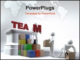 PowerPoint Template - A team of 3D figures building the word TEAM onto a pedestal whilst using building blocks to reach