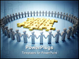 PowerPoint Template - Icon people holding hands and forming a circle around a golden puzzle