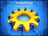 PowerPoint Template - Stylized blue little mens turning together an orange gear. 3D render. Isolated on white