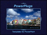 PowerPoint Template - Navy blue template with a photo of riverside and colorful houses in a frame