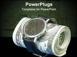 PowerPoint Template - Wrist watch wrapped around a roll of 100 us dollar banknotes over blue background