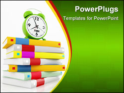PowerPoint Template - conceptual-green alarm clock at 8 over a stack of book