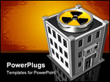 PowerPoint Template - d illustration of a metallic yellow and black radiation symbol sitting on the roof of a three-story