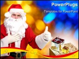 PowerPoint Template - traditional Santa Claus showing thumb up against blurred golden christmas tree.