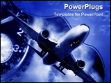 PowerPoint Template - transport concept. Jet aircraft, airport arrival times and a watch