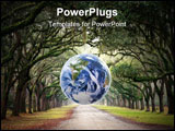 PowerPoint Template - A row of oak trees down a dirt road with the NASA Earth ball in the center.