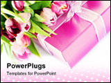 PowerPoint Template - Pink tulips and gift box on a white background. With easy removable sample text.