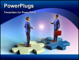 PowerPoint Template - Two businessman having a meeting while standing on some puzzle pieces. Digital illustration