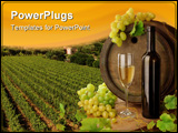 PowerPoint Template - White wine still life with old wine barrel on background of sunset vineyard