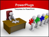 PowerPoint Template - 3d people wait in line holding puzzle pieces in front of a person sitting behind a desk having a mold