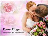PowerPoint Template - wedding couple hugging and kissing, the bride holding a bouquet of flowers in her hand