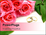 PowerPoint Template -  pink bunch of roses with green rose leaves wedding wording and wedding and engagement rings over w
