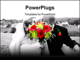 PowerPoint Template - Bride and groom hiding behind the bouquet for a big kiss.