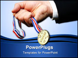 PowerPoint Template - businessman grabbing gold medal against blue sky