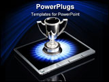 PowerPoint Template - d illustration of a large silver trophy sitting top of a silver tablet computer over a dark gray re