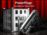 PowerPoint Template - d illustration of a metallic gun standing in front of a simple three story office building on a dar