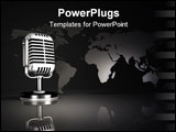 PowerPoint Template - d illustration of a silver metallic old style microphone standing in front of an upright map of the