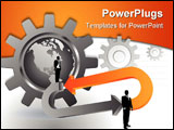 PowerPoint Template - businessmen standing on arrows with globe and gears