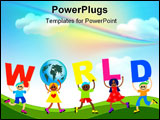 PowerPoint Template - A group of happy and diverse children holding up letters that spell out the word WORLD.
