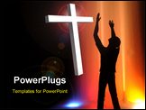 PowerPoint Template - A worshipper of God silhouetted against a fountain with black space left for text.