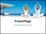 PowerPoint Template - Happy couple on the beach practicing yoga with a cottage in the background