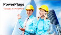 PowerPoint Template - Young architects wearing a protective helmet standing on the building background